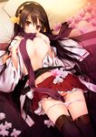  bare_shoulders black_hair blush breasts brown_eyes detached_sleeves flower hair_ornament hairband hairclip haruna_(kantai_collection) ichikawa_noa japanese_clothes kantai_collection large_breasts long_hair nontraditional_miko orchid panties panty_pull pink_panties scarf skirt smile solo thighhighs underboob underwear very_long_hair 