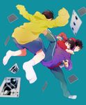  arm_around_neck back black_hair blue_background blue_pants blue_shorts blurry brothers card checkered clenched_hand covered_mouth depth_of_field full_body grin heart hood hood_down hoodie jumping long_sleeves looking_at_another looking_back male_focus matsuno_ichimatsu matsuno_juushimatsu matsuno_osomatsu multiple_boys no_shoes osomatsu-kun osomatsu-san pants purple_eyes red_eyes shorts siblings simple_background sleeves_past_wrists smile socks sweatdrop tadano53 track_pants 