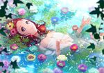  afloat bare_shoulders blurry breasts camellia carnation cleavage closed_mouth collarbone daisy depth_of_field detached_sleeves dress eyelashes flower galibo hair_flower hair_ornament leaf looking_away looking_to_the_side lying on_back open_hands original partially_submerged precure purple_eyes red_hair ripples short_hair small_breasts smile solo sparkle strapless strapless_dress sunlight upper_body water water_drop wet white_dress 