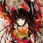  abstract bangs black_hair bow colorful expressionless face hair_bow hair_strand hakurei_reimu hanuu long_hair long_sleeves looking_at_viewer red_eyes sketch solo touhou upper_body very_long_hair 