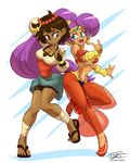  ajna_(indivisible) ankle_wrap bandeau bike_shorts blue_eyes breasts brown_eyes brown_hair cleavage crossover dark_skin earrings eric_toner forehead_jewel full_body hair_ornament harem_pants high_ponytail highres hoop_earrings indivisible jewelry long_hair medium_breasts multiple_girls navel open_mouth pants pearl pointy_ears pointy_shoes purple_hair sandals sash see-through shantae_(character) shantae_(series) shoes short_hair shorts shorts_under_skirt slender_waist smile tiara toes very_long_hair 