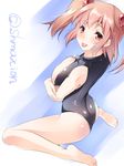  black_swimsuit breast_lift breasts cleavage_cutout front_zipper_swimsuit hair_bobbles hair_ornament large_breasts maki_(seventh_heaven_maxion) meme_attire one-piece_swimsuit onozuka_komachi red_eyes red_hair sitting smile solo swimsuit tongue tongue_out touhou two_side_up wariza 