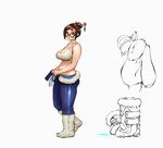  bare_shoulders belly boots breasts brown_eyes brown_hair cleavage clothes_around_waist darren_geers eyebrows female full_body fur_trim glasses hair_bun hair_ornament hairpin large_breasts looking_at_viewer mei_(overwatch) midriff navel overwatch plump short_hair solo standing sweat tank_top thick_thighs thighs undressing 