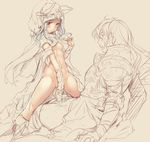  1girl animal_ears blush breasts cape closed_mouth ears_through_headwear granblue_fantasy guided_penetration hetero hooded jpeg_artifacts naked_cape naoise navel nipples partially_colored penis scathacha_(granblue_fantasy) sex silver_hair sketch small_breasts sweatdrop vaginal zanzi 