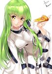  bent_over bodysuit breasts c.c. cheese_trail code_geass dated eating food green_hair holding_pizza large_breasts long_hair long_sleeves looking_at_viewer pizza signature slice_of_pizza solo very_long_hair white_bodysuit wide_sleeves yappen yellow_eyes 