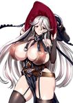  774_(nanashi) areolae bangs bare_shoulders breasts covered_nipples garter_straps granblue_fantasy hair_between_eyes hat huge_breasts long_hair magisa_(granblue_fantasy) pelvic_curtain red_eyes sideboob silver_hair simple_background smile solo thighhighs very_long_hair witch_hat 