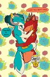  anthro blue_fur canine dragon duo ear_piercing english_text eyes_closed female fur horn hug kissing male male/female mammal navel nude piercing quartzz red_fur smile text 