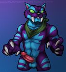  abs barbs claws fangs feline green_eyes male mammal muscular muscular_male navel panther penis pupiless_eyes sabertooth_(feature) scarf simple_background skylanders skylanders_swap_force solo stripesbarbs trap_shadow weirdhyenas 