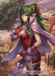  ass boots breasts cape chiki choker cleavage copyright_name cuboon dress fire_emblem fire_emblem:_kakusei fire_emblem_cipher gloves green_eyes green_hair hand_on_own_chest large_breasts looking_at_viewer mamkute official_art pointy_ears ponytail short_dress sidelocks solo thigh_boots thighhighs tiara 