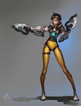  absurdres bodysuit brown_hair candy dual_wielding food goggles gun highres holding jayjiwoo_park lollipop orange_bodysuit overwatch short_hair solo spiked_hair tracer_(overwatch) union_jack weapon 