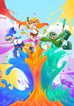  2girls aqua_eyes aqua_hair artist_name blue_eyes blue_hair boots domino_mask fangs green_footwear green_shirt highres ink_tank_(splatoon) inkling kelsea-chan mask multiple_girls orange_eyes orange_hair pointy_ears puffy_sleeves rubber_boots shirt splat_charger_(splatoon) splatoon_(series) splatoon_1 splattershot_(splatoon) splattershot_jr_(splatoon) squid super_soaker tentacle_hair 