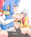  2girls bike_shorts blonde_hair blue_eyes blue_hair blush breasts censored fellatio girl_sandwich gloves grabbing grabbing_from_behind green_eyes hacka_doll hacka_doll_1 hacka_doll_2 hacka_doll_3 hetero highres large_breasts long_hair multiple_girls oral otoko_no_ko penis pink_hair rantana_(lalalalackluster) sandwiched shorts shorts_pull smile tears tongue 