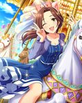  ;d amusement_park animal_ears artist_request brown_eyes brown_hair carousel cat_ears cloud day ferris_wheel horse idolmaster idolmaster_cinderella_girls jpeg_artifacts kawashima_mizuki long_hair official_art one_eye_closed open_mouth smile solo sparkle v 