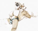  2015 anthro athletic bed bed_sheet bulge butt canine clothed clothing darkgem dog hair half-dressed headphones jockstrap looking_back lying male mammal music smile solo suggestive underwear walkman 