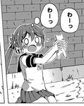  akebono_(kantai_collection) bangs bell blank_eyes blush brick_wall cat comic commentary_request flower greyscale hair_bell hair_flower hair_ornament holding holding_cat jingle_bell kantai_collection kneeling miniskirt monochrome school_uniform serafuku shino_(ponjiyuusu) side_ponytail skirt solo translated 