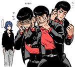  &gt;_&lt; 2boys bad_id bad_pixiv_id belt black_hair black_pants black_shirt blazer blue_hair blush cellphone clenched_teeth closed_eyes covering_mouth crying gakuran hair_between_eyes hand_to_own_mouth holding holding_phone ikemen_kamen_amaimask jacket jewelry kinzoku_bat long_sleeves looking_at_another looking_at_viewer male_focus multiple_boys multiple_views necklace one-punch_man pants phone pompadour school_uniform shirt simple_background speech_bubble tearing_up tears teeth turtleneck watch white_background wristwatch you_(wsynkk) 