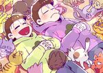  anus blush brothers brown_hair cat closed_eyes esper_nyanko glasses heart heart_in_mouth janome_(osmtpippi) lying male_focus matsuno_choromatsu matsuno_ichimatsu messy_hair multiple_boys on_back osomatsu-kun osomatsu-san pants siblings single_vertical_stripe surrounded too_many too_many_cats track_pants 