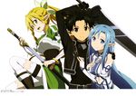  2girls absurdres asuna_(sao) asuna_(sao-alo) black_gloves black_hair blonde_hair blue_eyes blue_hair detached_sleeves gloves green_eyes hair_ornament highres holding holding_sword holding_weapon katana kirito kirito_(sao-alo) leafa long_hair looking_at_viewer multiple_girls nakamura_naoto open_mouth pointy_ears ponytail simple_background smile spiked_hair sword sword_art_online thighhighs weapon white_background white_legwear 