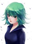  bad_id bad_pixiv_id bangs blue_dress dress eyebrows eyebrows_visible_through_hair flipped_hair green_eyes green_hair looking_at_viewer one-punch_man parted_lips short_hair sketch solo stellarism tatsumaki upper_body white_background 