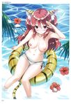  absurdres animal_ears arm_up ass_visible_through_thighs bikini bikini_top_removed blush breasts flipped_hair flower hibiscus highres innertube large_breasts looking_at_viewer mutsumi_masato navel nipples outdoors partially_submerged red_eyes red_hair scan side-tie_bikini smile solo swimsuit tail tiger_ears tiger_tail topless toranoana two_side_up white_bikini 