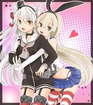  :d amatsukaze_(kantai_collection) bare_shoulders blonde_hair blue_skirt bow brown_eyes choker crop_top dress elbow_gloves garter_straps gloves grey_eyes hair_bow hair_tubes hairband headgear highleg hug hug_from_behind kantai_collection long_hair looking_at_viewer midriff multiple_girls neckerchief open_mouth pleated_skirt sailor_collar sailor_dress shimakaze_(kantai_collection) silver_hair single_glove skirt smile striped striped_legwear thighhighs two_side_up white_gloves yunamaro 