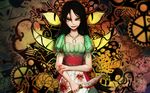  alice:_madness_returns alice_(wonderland) american_mcgee's_alice apron bai_yemeng black_hair blood blood_on_face bloody_clothes bloody_knife cheshire_cat collarbone gears green_eyes knife long_hair looking_at_viewer md5_mismatch puffy_short_sleeves puffy_sleeves short_sleeves smile solo waist_apron 