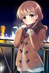  blush brown_eyes brown_hair city_lights highres jacket kantai_collection long_hair long_sleeves looking_at_viewer night ooi_(kantai_collection) open_clothes open_jacket scarf shirt sky smile solo soramuko star_(sky) starry_sky 