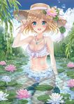  :d aqua_eyes arm_up bangs bare_arms bare_shoulders barefoot bikini blonde_hair blush bow_bikini bracelet breasts bridge bubble caustics cleavage cloud cloudy_sky collarbone commission day eyebrows_visible_through_hair flower frilled_bikini frills full_body gem hair_between_eyes hat hat_flower hat_ribbon highres holding holding_paintbrush jewelry lily_pad looking_at_viewer lotus medium_breasts navel necklace open_mouth original outdoors paintbrush partially_submerged reeds ribbon round_teeth sakura_moyon short_hair silver_ribbon sitting sky smile solo straw_hat swimsuit teeth tree wariza water_drop wet willow 