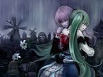  blood blood_from_mouth flower funkid green_hair hatsune_miku highres lily_(flower) long_hair megurine_luka multiple_girls pink_hair stabbing tombstone very_long_hair vocaloid yuri 