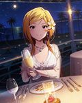  alcohol artist_request bracelet brown_eyes brown_hair champagne flower full_moon hair_flower hair_ornament idolmaster idolmaster_million_live! jewelry long_hair looking_at_viewer momose_rio moon necklace official_art palm_tree plumeria pov_across_table sky solo star_(sky) starry_sky tree 