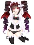  adjusting_clothes adjusting_panties bat_wings black_bra black_hair black_legwear black_nails black_panties bra celestia_ludenberck danganronpa danganronpa_1 drill_hair fang headdress highres lolita_fashion long_hair looking_at_viewer nail_polish no_shoes panties polka_dot polka_dot_bra polka_dot_panties red_eyes shirt solo thighhighs twin_drills underwear white_background wings 