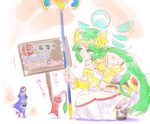  artist_name bandaid bare_shoulders blue_hair blush boots cape commentary_request dress fire_emblem fire_emblem:_kakusei gauntlets green_eyes green_hair height_difference jewelry kid_icarus kid_icarus_uprising laurel_crown long_hair lucina minigirl multiple_girls necklace palutena pikmin_(creature) pikmin_(series) pout scratches signpost size_difference squatting staff super_smash_bros. torichamaru translation_request twitter_username 