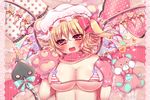  :d animal_ears aqua_bow aqua_ribbon areola_slip areolae bangs bear_ears blonde_hair blue_bow blush bow breasts candy cleavage eyebrows eyebrows_visible_through_hair fake_animal_ears fangs flandre_scarlet food food_print frilled_pillow frills gloves hair_between_eyes hair_bow hat heart lace lace_border laevatein large_breasts lollipop looking_at_viewer matasabu micro_bra mob_cap no_shirt open_mouth paw_gloves paws pillow polka_dot polka_dot_bow red_bow red_eyes red_ribbon ribbon scarf side_ponytail smile solo star strap_slip strawberry_print striped stuffed_animal stuffed_toy teddy_bear touhou upper_body wings 
