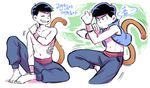  armband bad_id bad_twitter_id bandages black_hair blue_eyes closed_eyes korean male_focus matsuno_karamatsu monkey_tail multiple_views o2_(o2mm) open_clothes open_shirt osomatsu-kun osomatsu-san sash shirt shirtless short_hair sitting smile tail vest 