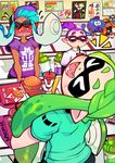  &gt;_&lt; 1boy 3girls :&gt; :d @_@ anemo_(splatoon) aori_(splatoon) bad_id bad_tumblr_id blue_hair blush closed_eyes commentary dark_skin domino_mask drinking drinking_straw eating echizen_(splatoon) eyebrows fangs food french_fries glasses green_hair green_shirt hamburger hotaru_(splatoon) inkling jellyfish laughing long_hair mask multiple_girls open_mouth orange_hair ponytail poster_(object) purple_hair rob_(splatoon) saane scarf self_shot shirt smile splatoon_(series) splatoon_1 tentacle_hair tentacles thick_eyebrows v xd 