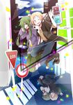  2girls age_comparison arinoyu blonde_hair cable child different_reflection digital_media_player dual_persona green_hair highres hood hoodie kagerou_project kano_shuuya kido_tsubomi long_hair mask multiple_boys multiple_girls reflection road_sign short_hair sign traffic_light 