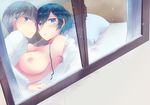  1girl bed blue_eyes blue_hair blush boy_on_top breasts couple face-to-face from_outside grey_hair hair_between_eyes hetero large_breasts long_sleeves looking_at_viewer looking_back lying lying_on_person narukami_yuu nipples nude on_back on_bed open_clothes open_shirt parted_lips persona persona_4 pillow ribbon shinocco shirogane_naoto shirt short_hair snow white_shirt window 