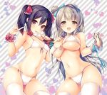  :p \m/ absurdres ayuma_sayu bikini black_hair blush breasts brown_eyes brown_hair covered_nipples front-tie_top hair_ribbon heart highres large_breasts long_hair looking_at_viewer love_live! love_live!_school_idol_project minami_kotori multiple_girls navel one_side_up open_mouth ribbon scrunchie shiny shiny_skin short_hair side-tie_bikini skindentation small_breasts smile swimsuit thighhighs tongue tongue_out twintails waifu2x white_bikini white_legwear wrist_cuffs wrist_scrunchie yazawa_nico 