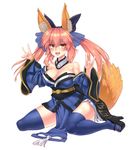  animal_ears bare_shoulders blue_legwear bow breasts cleavage detached_sleeves fang fate/extra fate_(series) fox_ears fox_shadow_puppet fox_tail hair_bow hair_ribbon japanese_clothes large_breasts long_hair nopae open_mouth pink_hair ribbon shadow_puppet simple_background sitting solo tail tamamo_(fate)_(all) tamamo_no_mae_(fate) thighhighs twintails white_background yellow_eyes 