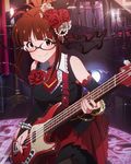  akizuki_ritsuko artist_request bass_guitar blush bracelet bridal_gauntlets brown_eyes brown_hair detached_sleeves flower glasses glint hair_flower hair_ornament idolmaster idolmaster_(classic) idolmaster_million_live! instrument jewelry lace looking_at_viewer official_art pantyhose red_flower red_rose rose smile solo 