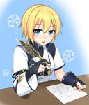  :d black_gloves blonde_hair blue_background blue_eyes blush commentary_request drawing fingerless_gloves gloves hamano_ikusa highres iris_(ryou@ryou) looking_at_viewer open_mouth original paper phantasy_star phantasy_star_online_2 quill rappy ryou@ryou short_hair smile solo table upper_body 