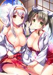  alternate_breast_size blush breasts breasts_outside cum cum_on_body cum_on_breasts cum_on_hair cum_on_upper_body fukase_ayaka green_eyes grey_hair japanese_clothes kantai_collection large_breasts long_hair looking_at_viewer multiple_girls no_bra off_shoulder open_clothes open_shirt shirt shoukaku_(kantai_collection) silver_hair twintails yellow_eyes zuikaku_(kantai_collection) 