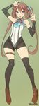  adapted_costume armpits arms_up asagumo_(kantai_collection) ascot ass_visible_through_thighs bare_shoulders black_legwear blush bow brown_hair commentary_request hair_bow hair_ribbon highleg highleg_leotard highres kantai_collection leotard light_brown_eyes long_hair looking_at_viewer open_mouth ribbon solo takeda_aranobu triangle_mouth twintails twitter_username 