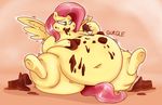  belly big_belly candy chocolate cutie_mark english_text equine feathers female fluttershy_(mlp) food friendship_is_magic fur graphene hair hooves horn horse long_hair mammal my_little_pony onomatopoeia open_mouth overweight pegasus pink_hair pony simple_background slightly_chubby smile solo sound_effects teeth text tongue tongue_out wings 