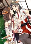  ahoge bare_shoulders black_hair black_tea blue_eyes brown_hair cake camel000 clock couch cup detached_sleeves food fork hair_bun hair_ornament hair_rings hairclip haruna_(kantai_collection) headgear indoors japanese_clothes kantai_collection kettle kongou_(kantai_collection) lips long_hair long_sleeves looking_at_another multiple_girls nontraditional_miko red_eyes remodel_(kantai_collection) ribbon-trimmed_sleeves ribbon_trim sitting sitting_on_lap sitting_on_person skirt smile tea teacup thighhighs tiered_tray window yuri 