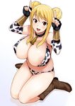  :d animal_print areola_slip areolae bangs bell bell_collar bikini black_gloves blonde_hair blush boots breasts brown_eyes cleavage collar covered_nipples cow_print detached_sleeves double_bun fairy_tail fingerless_gloves full_body gloves gradient gradient_background hands_up horns_pose huge_breasts index_finger_raised long_hair looking_at_viewer lucy_heartfilia nipple_slip nipples open_mouth print_bikini sitting smile solo strap_gap swimsuit tamagoroo_(funifuni_labo) vambraces 