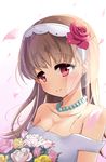  bare_shoulders blush bouquet breasts bridal_veil bride brown_hair cleavage collarbone flower hair_flower hair_ornament highres jewelry kantai_collection long_hair looking_at_viewer medium_breasts necklace ooi_(kantai_collection) petals pink_eyes pink_flower pink_rose red_flower red_rose rose rose_petals smile solo soramuko upper_body veil white_flower white_rose yellow_flower yellow_rose 