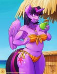 2015 anthro anthrofied beach beverage bikini clothing coconut cutie_mark drinking equine feathered_wings feathers female food friendship_is_magic fruit hair horn jewelry mammal multicolored_hair my_little_pony navel necklace outside patreon purple_eyes seaside solo swimsuit twilight_sparkle_(mlp) winged_unicorn wings zwitterkitsune 