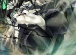  black_gloves bodysuit cape commentary_request dutch_angle from_below gloves glowing glowing_eyes green_eyes hat headgear highres kantai_collection long_hair pale_skin shinkaisei-kan silver_hair solo takeda_aranobu wo-class_aircraft_carrier 