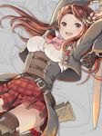  :d arms_up belt black_gloves boots braid breasts brown_hair carren_estapera cleavage cravat cropped_jacket gloves granblue_fantasy grey_eyes hair_ornament highres holding holding_sword holding_weapon large_breasts long_hair looking_at_viewer miniskirt open_mouth plaid plaid_skirt red_skirt sheath shirt skirt smile solo sword teeth thigh_boots thighhighs underbust unsheathed upskirt weapon white_shirt yoshino_ryou 